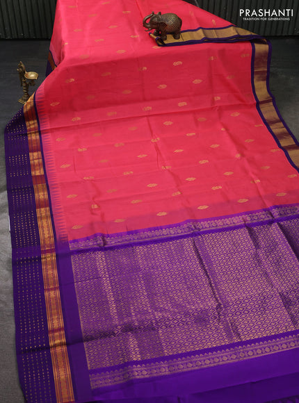 Kuppadam silk cotton saree peach pink and violet with zari woven buttas and temple design zari woven simple border