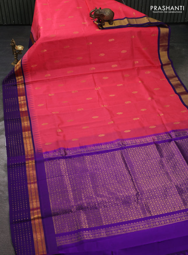 Kuppadam silk cotton saree peach pink and violet with zari woven buttas and temple design zari woven simple border