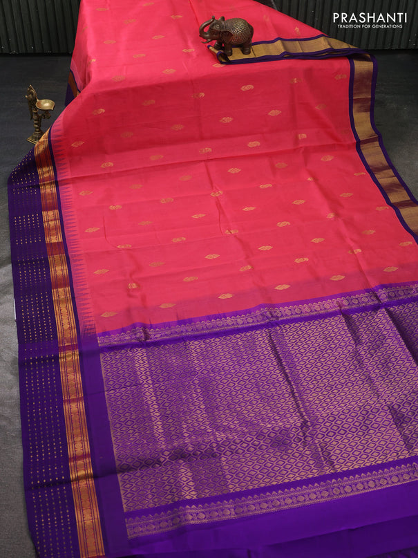 Kuppadam silk cotton saree peach pink and violet with zari woven buttas and temple design zari woven simple border