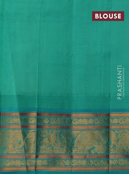 Kuppadam silk cotton saree mustard yellow and teal green with allover vaiarosi pattern & buttas and temple design zari woven border