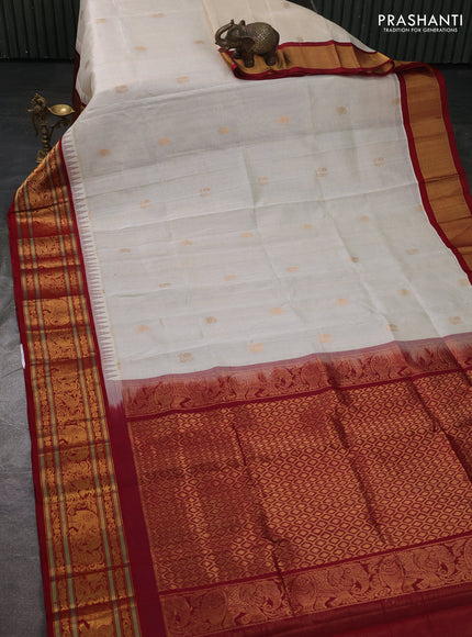 Kuppadam silk cotton saree off white and maroon with allover vaiarosi pattern & buttas and temple design zari woven border