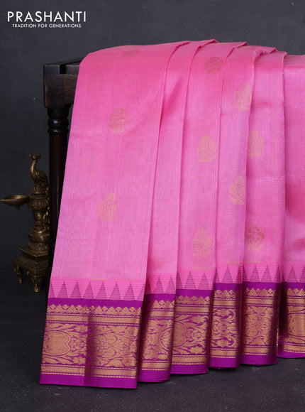 Kuppadam silk cotton saree peach pink and magenta pink with allover vaiarosi pattern & buttas and temple design zari woven border