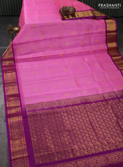 Kuppadam silk cotton saree peach pink and magenta pink with allover vaiarosi pattern & buttas and temple design zari woven border