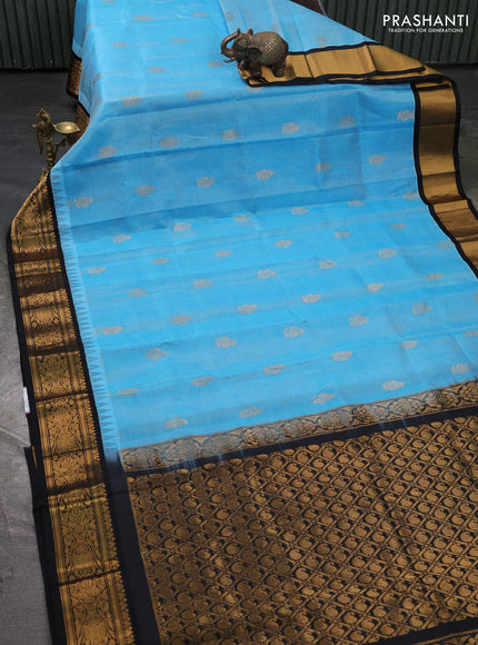 Kuppadam silk cotton saree teal blue and black with allover vaiarosi pattern & buttas and temple design zari woven border