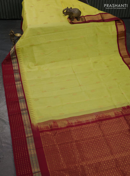 Kuppadam silk cotton saree lime yellow and maroon with zari woven buttas and temple design zari woven butta border