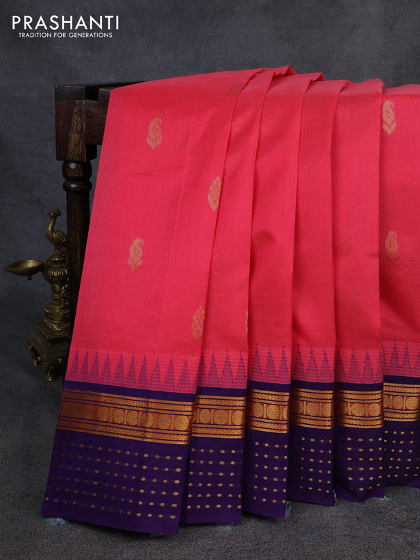 Kuppadam silk cotton saree peach pink and violet with zari woven buttas and temple design zari woven butta border