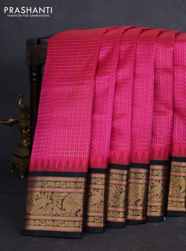 Kuppadam silk cotton saree peach pink and black with allover laksha deepam pattern and temple design zari woven border