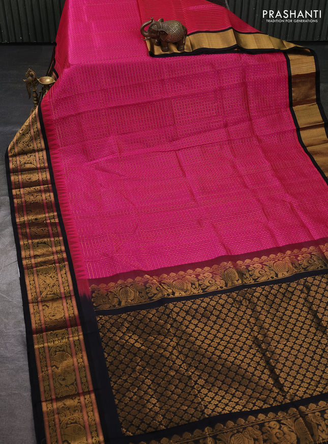 Kuppadam silk cotton saree peach pink and black with allover laksha deepam pattern and temple design zari woven border