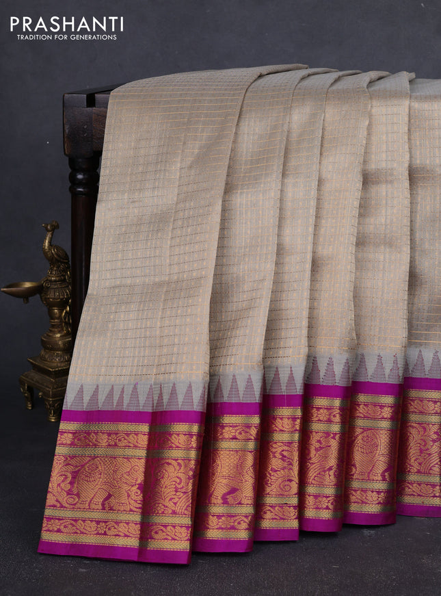 Kuppadam silk cotton saree grey and magenta pink with allover laksha deepam pattern and temple design zari woven border