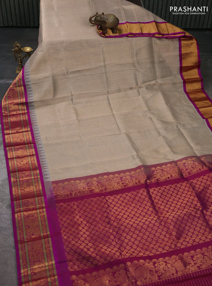 Kuppadam silk cotton saree grey and magenta pink with allover laksha deepam pattern and temple design zari woven border