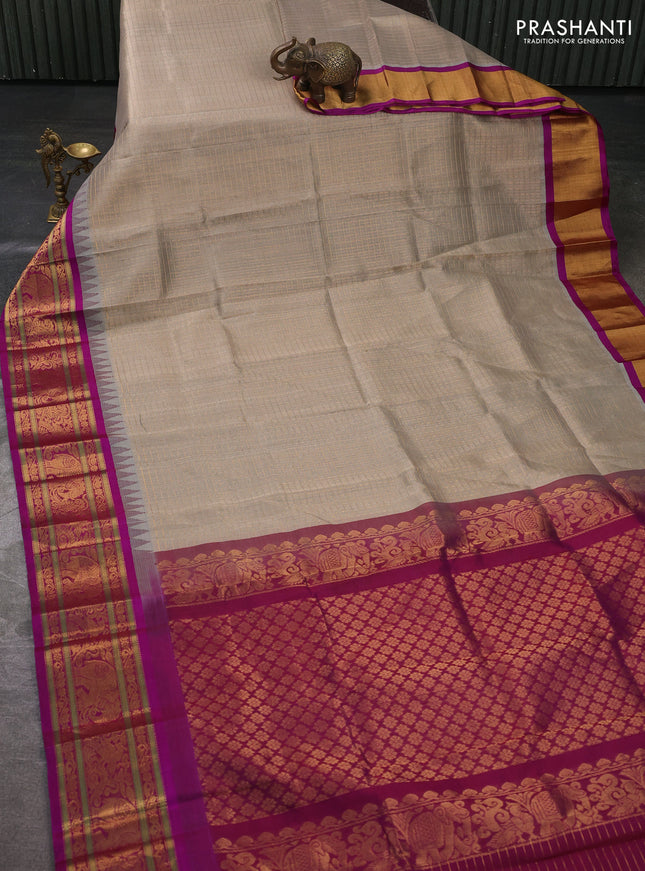 Kuppadam silk cotton saree grey and magenta pink with allover laksha deepam pattern and temple design zari woven border