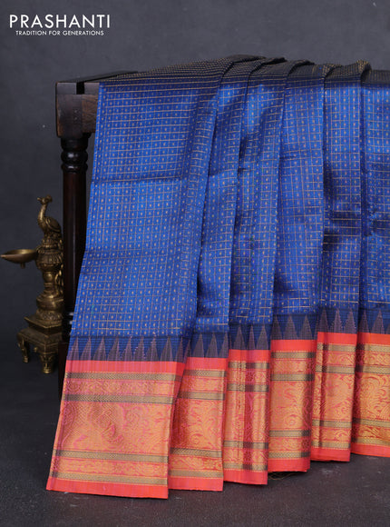 Kuppadam silk cotton saree peacock blue and orange with allover laksha deepam pattern and temple design zari woven border