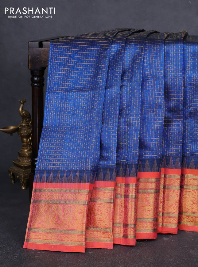 Kuppadam silk cotton saree peacock blue and orange with allover laksha deepam pattern and temple design zari woven border