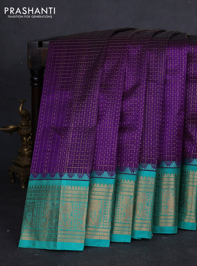 Kuppadam silk cotton saree purple and teal green with allover laksha deepam pattern and temple design zari woven border