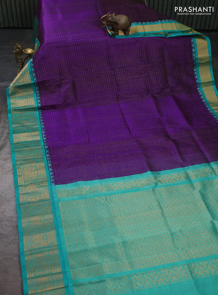 Kuppadam silk cotton saree purple and teal green with allover laksha deepam pattern and temple design zari woven border