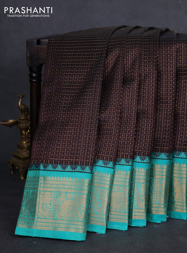Kuppadam silk cotton saree deep jamun and teal green with allover laksha deepam pattern and temple design zari woven border