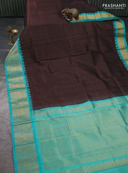 Kuppadam silk cotton saree deep jamun and teal green with allover laksha deepam pattern and temple design zari woven border