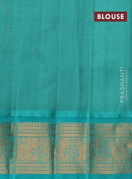 Kuppadam silk cotton saree deep jamun and teal green with allover laksha deepam pattern and temple design zari woven border