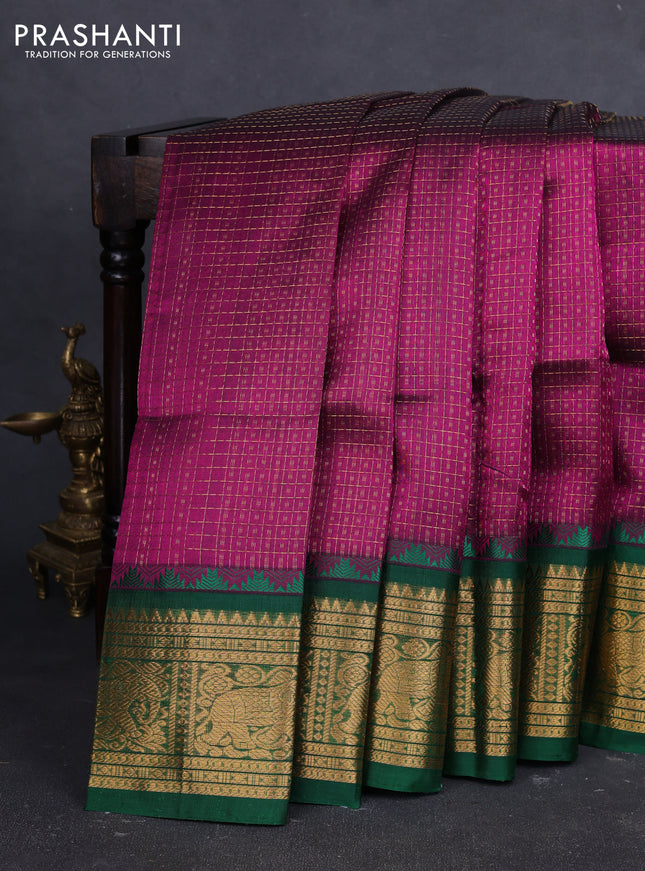Kuppadam silk cotton saree deep purple and green with allover laksha deepam pattern and temple design zari woven border