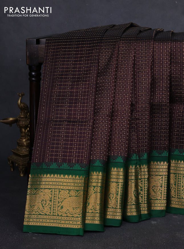 Kuppadam silk cotton saree deep wine shade and green with allover laksha deepam pattern and temple design zari woven border