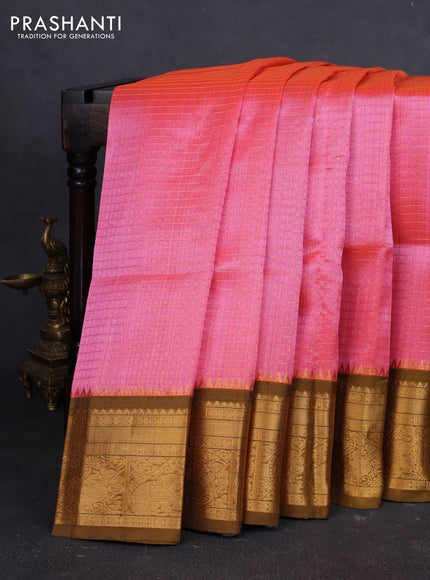 Kuppadam silk cotton saree candy pink and mustard green with allover laksha deepam pattern and temple design zari woven border