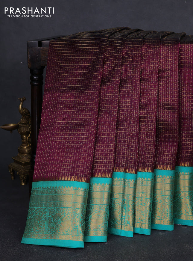 Kuppadam silk cotton saree deep wine and teal green with allover laksha deepam pattern and temple design zari woven border