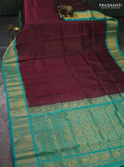 Kuppadam silk cotton saree deep wine and teal green with allover laksha deepam pattern and temple design zari woven border