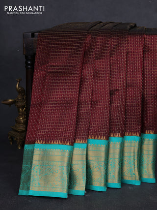 Kuppadam silk cotton saree deep maroon and teal green with allover laksha deepam pattern and temple design zari woven border