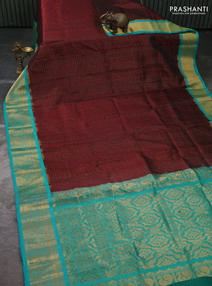 Kuppadam silk cotton saree deep maroon and teal green with allover laksha deepam pattern and temple design zari woven border
