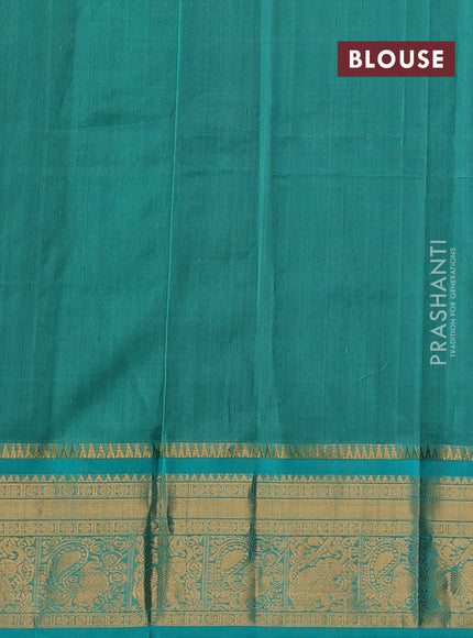 Kuppadam silk cotton saree deep maroon and teal green with allover laksha deepam pattern and temple design zari woven border