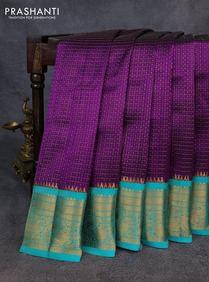 Kuppadam silk cotton saree violet and teal green with allover laksha deepam pattern and temple design zari woven border