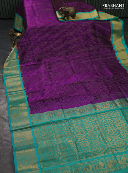 Kuppadam silk cotton saree violet and teal green with allover laksha deepam pattern and temple design zari woven border