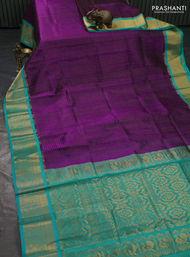 Kuppadam silk cotton saree violet and teal green with allover laksha deepam pattern and temple design zari woven border
