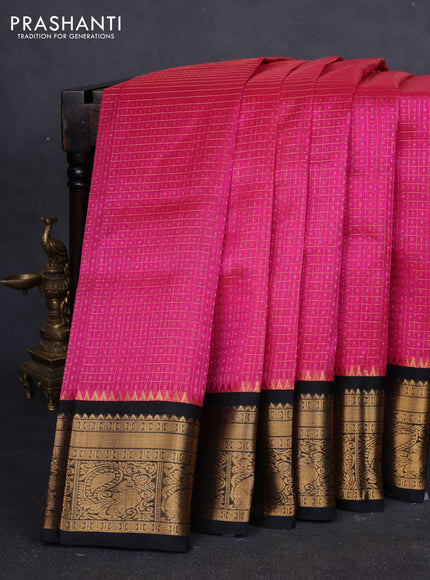 Kuppadam silk cotton saree peach pink and black with allover laksha deepam pattern and temple design zari woven border
