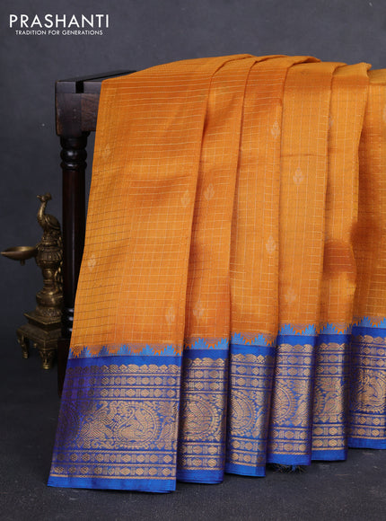 Kuppadam silk cotton saree dark mustard and blue with allover zari checked pattern and temple design zari woven border