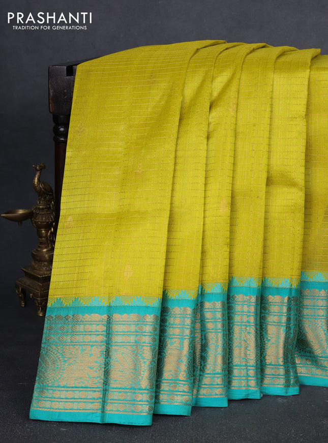 Kuppadam silk cotton saree lime green and teal green with allover zari checked pattern and temple design zari woven border