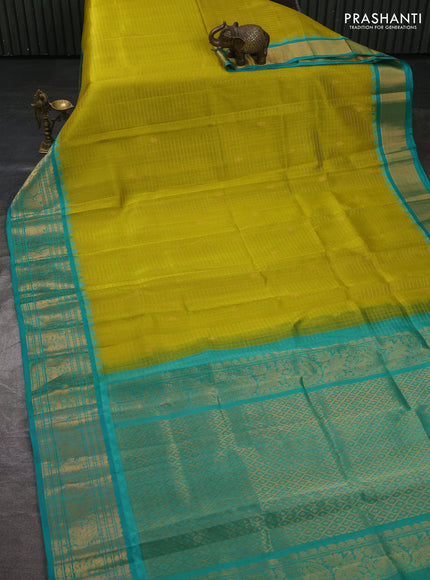 Kuppadam silk cotton saree lime green and teal green with allover zari checked pattern and temple design zari woven border