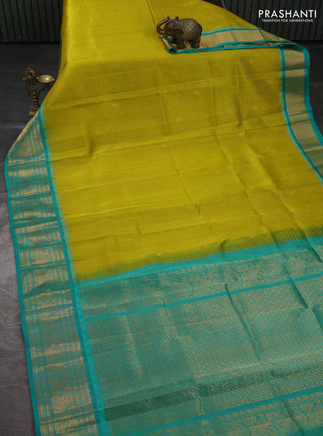 Kuppadam silk cotton saree lime green and teal green with allover zari checked pattern and temple design zari woven border