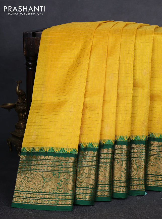 Kuppadam silk cotton saree yellow and green with allover zari checked pattern and temple design zari woven border