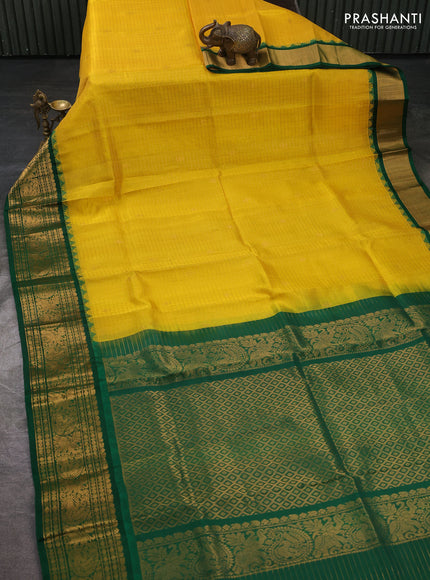 Kuppadam silk cotton saree yellow and green with allover zari checked pattern and temple design zari woven border