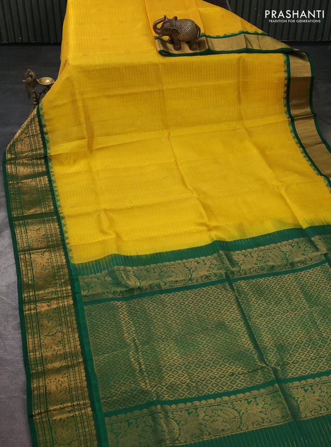 Kuppadam silk cotton saree yellow and green with allover zari checked pattern and temple design zari woven border