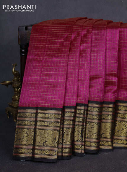 Kuppadam silk cotton saree dark pink and black with allover zari checked pattern and long zari woven korvai border