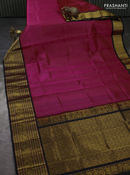 Kuppadam silk cotton saree dark pink and black with allover zari checked pattern and long zari woven korvai border