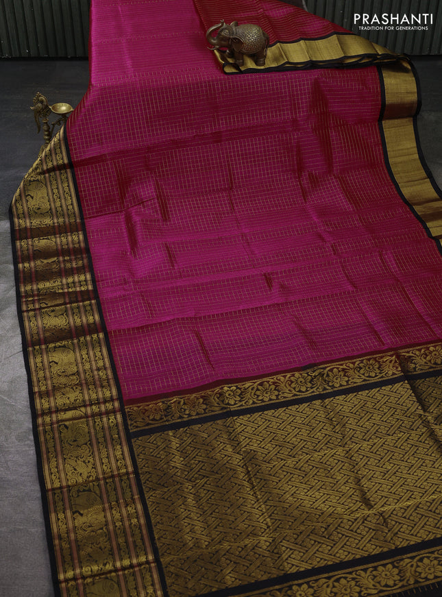 Kuppadam silk cotton saree dark pink and black with allover zari checked pattern and long zari woven korvai border