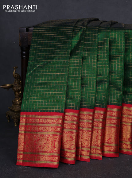 Kuppadam silk cotton saree bottle green and red with allover zari checked pattern and long zari woven korvai border