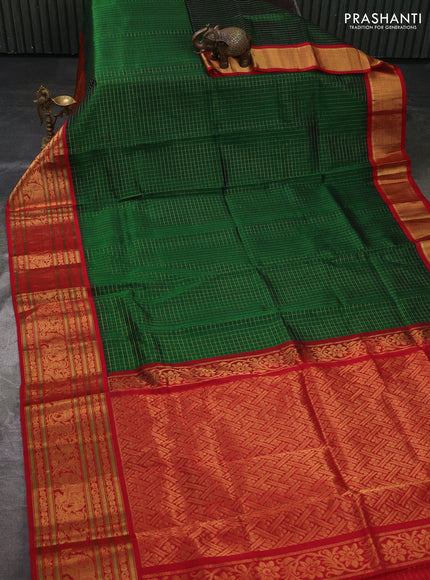 Kuppadam silk cotton saree bottle green and red with allover zari checked pattern and long zari woven korvai border