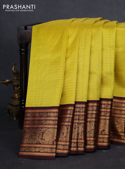Kuppadam silk cotton saree lime green and coffee brown with allover zari checked pattern and long zari woven korvai border
