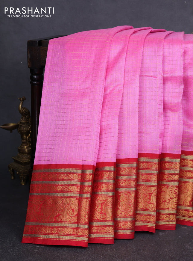 Kuppadam silk cotton saree candy pink and red with allover zari checked pattern and long zari woven korvai border