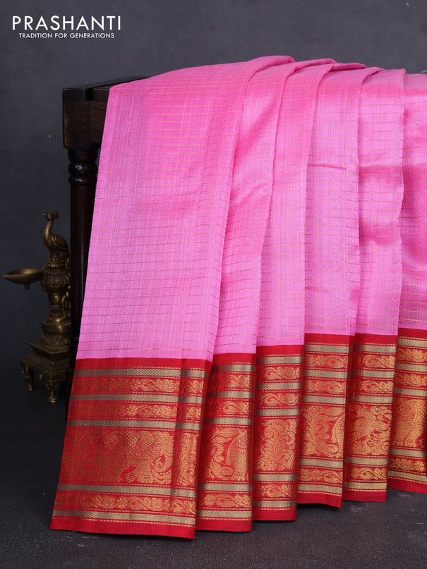 Kuppadam silk cotton saree candy pink and red with allover zari checked pattern and long zari woven korvai border