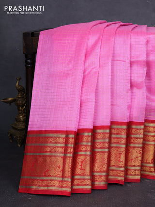 Kuppadam silk cotton saree candy pink and red with allover zari checked pattern and long zari woven korvai border